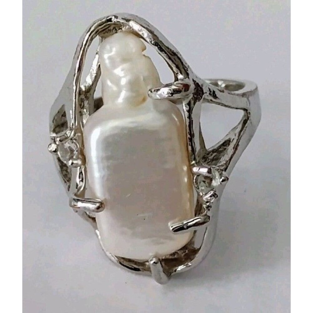 Vintage Brutalist Artisan Ring 6g Silver Large Baroque Pearl Statement Sz 7.25